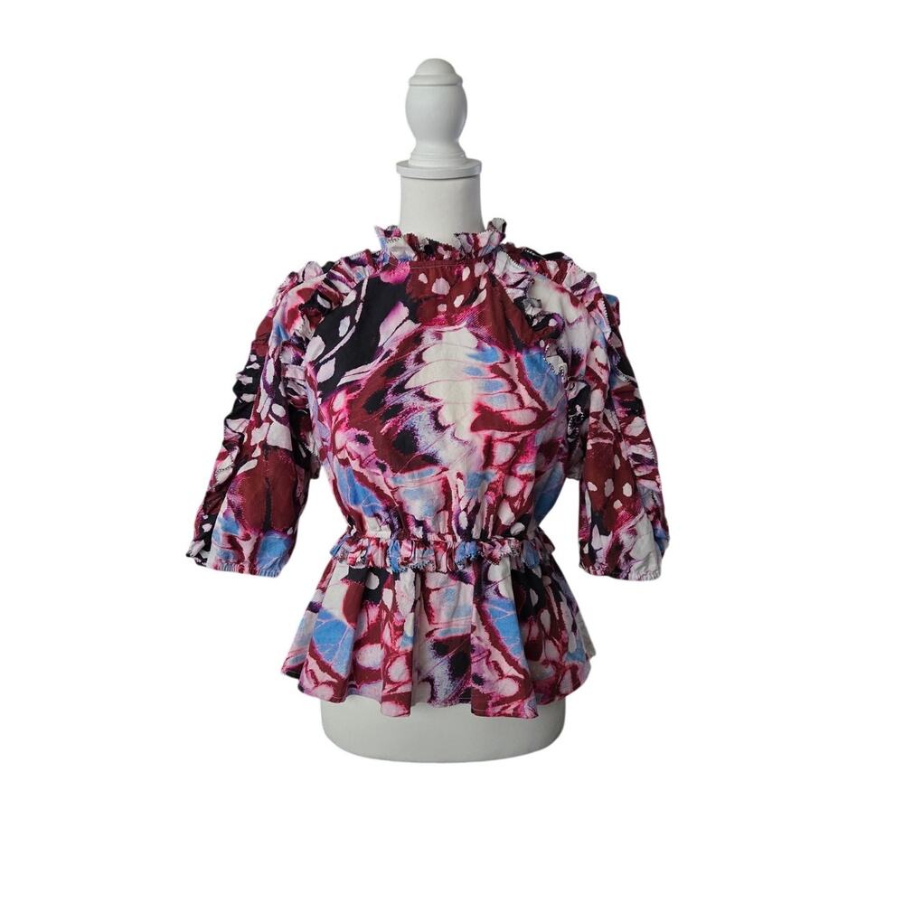 Bold Karen Millen Butterfly Print Peplum Blouse Size US 8 Puff Sleeve Ruffled